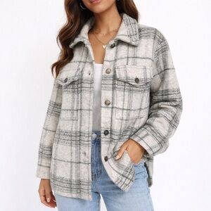 Banana Republic Plaid Shacket Jacket XS Petite Oatmeal Gray Wool Cabin Granola